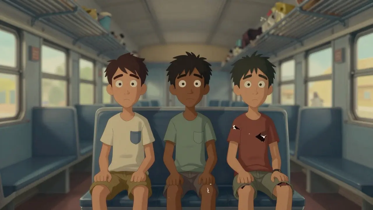 Three brothers in a train, centered and still, as the world around them begins to tilt emotionally.