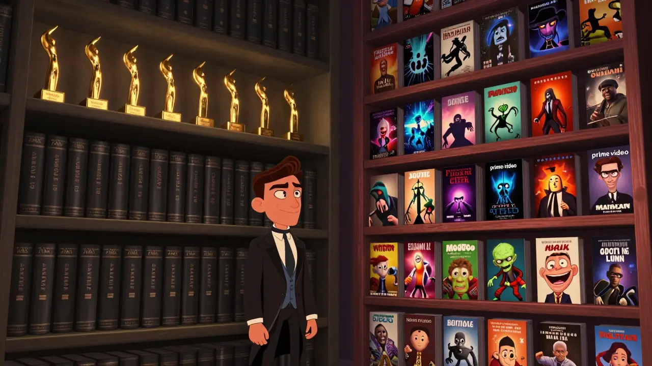 Two film shelves in a library: one elegant and award-filled for Max, the other vibrant and chaotic with genre films for Prime Video.