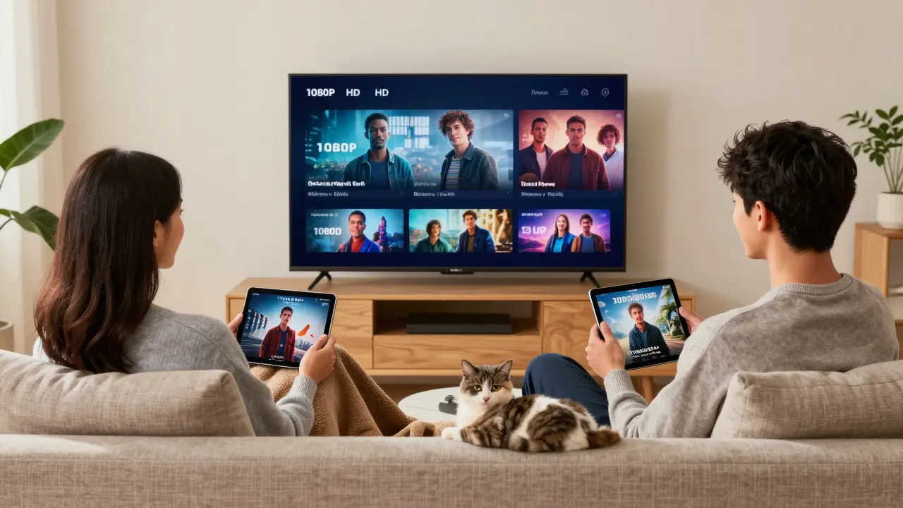 Two people enjoying Netflix without ads on separate devices in a living room