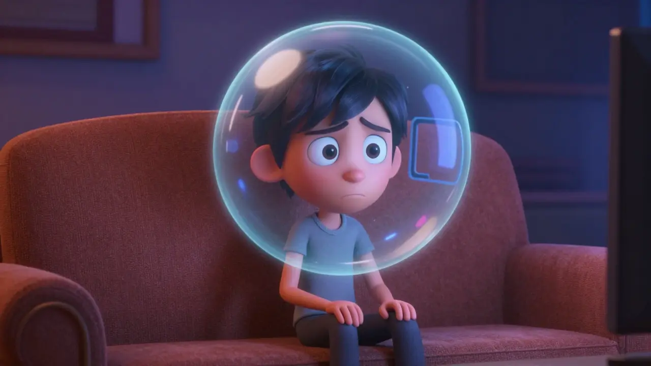 A character frustrated by a floating ad bubble blocking their TV view.