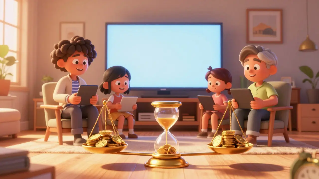 A family streaming together with a scale balancing cost and time.