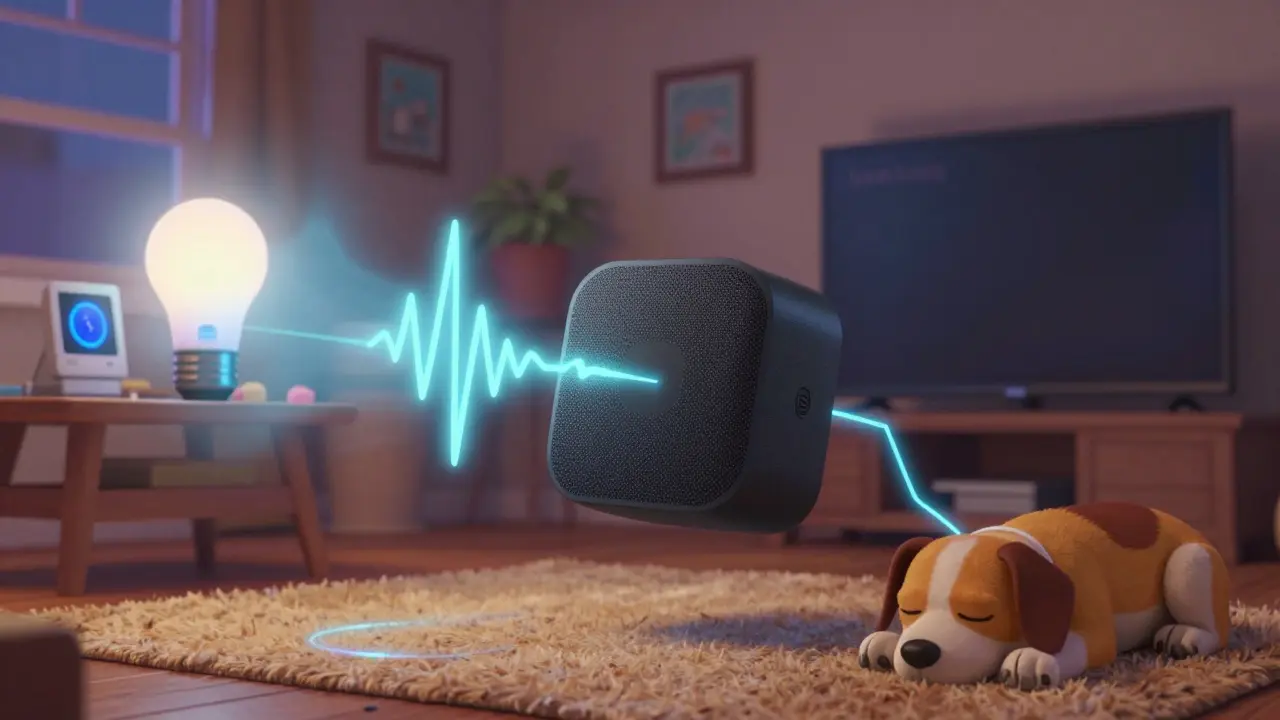 A Fire TV Cube remote sending voice signals that activate smart home devices like lights and a thermostat.