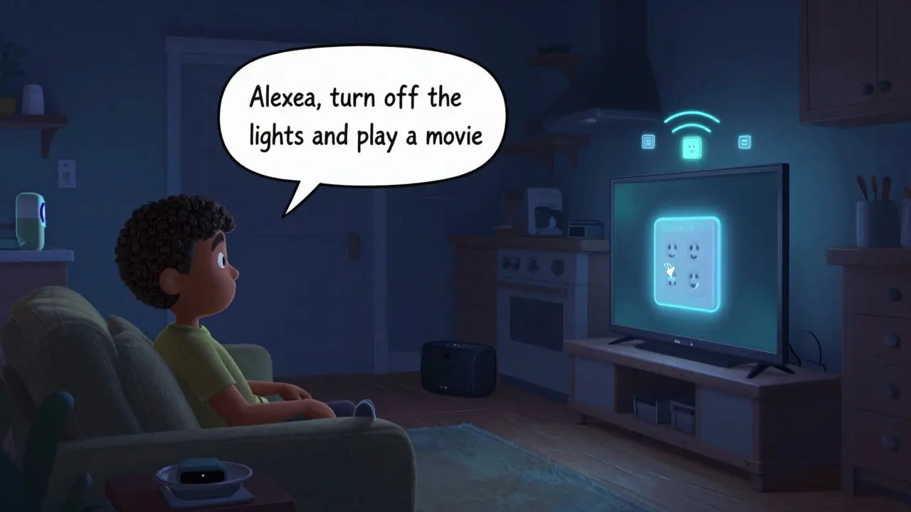 A Fire TV Cube remotely controlling a TV and lights across rooms, with animated device icons responding to voice commands.