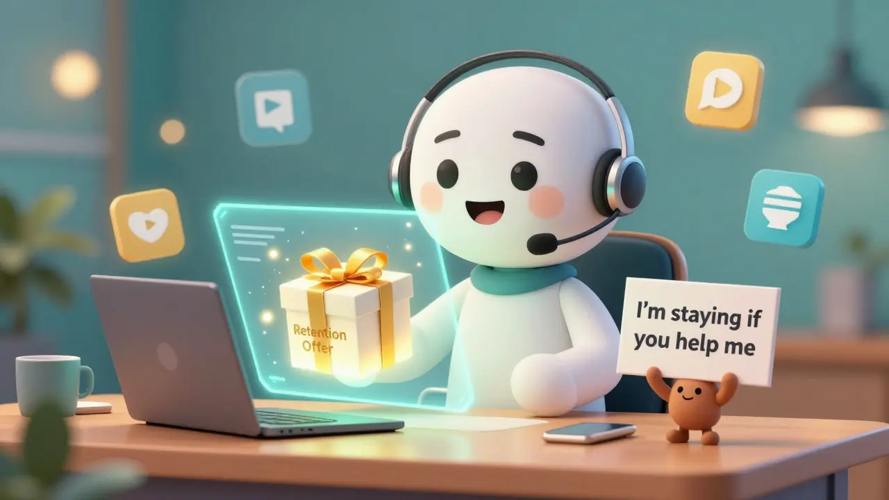 A friendly customer service avatar offers a glowing retention offer to a determined customer.