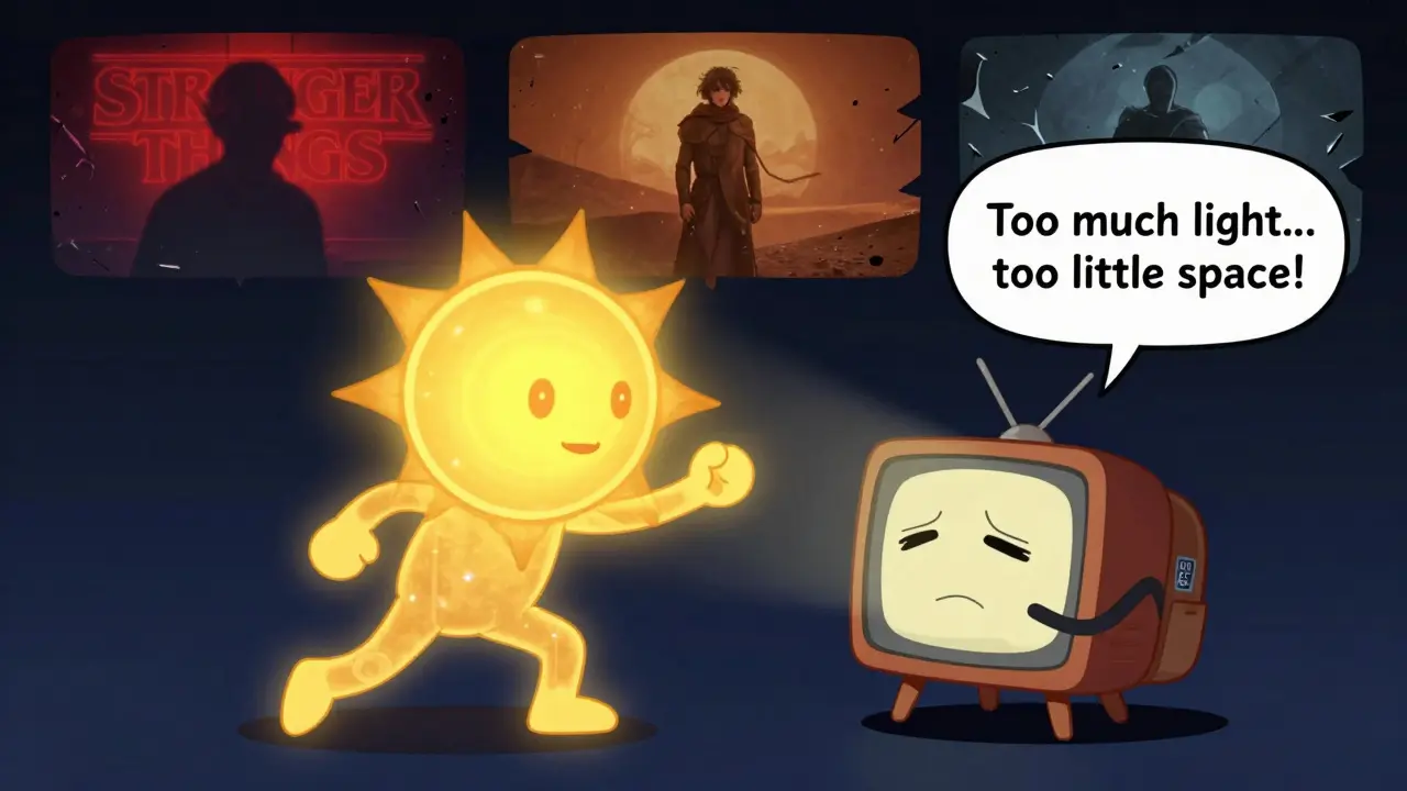 A golden HDR character tries to give a small TV a giant sun, but the TV can't hold it, crushing shadow details in floating scenes.