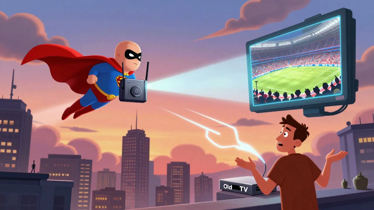 A heroic VPN router flies over a city, unlocking a stadium with glowing screens as fans watch live.