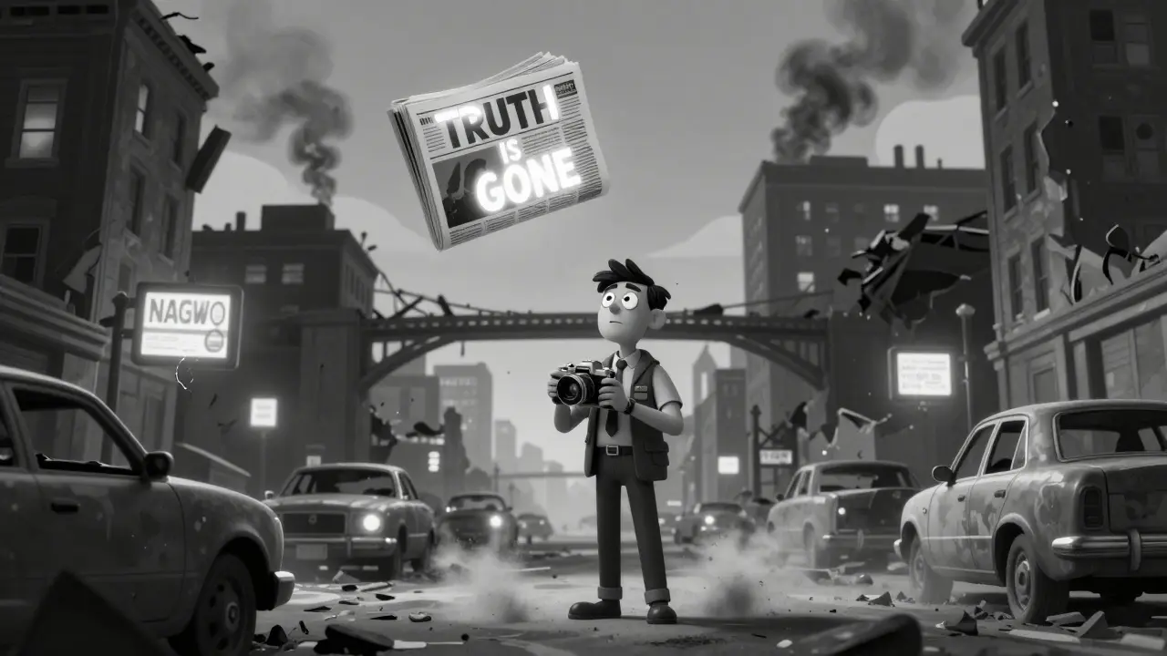 A journalist in a ruined city holds a camera as dust swirls around abandoned cars and flickering news signs.