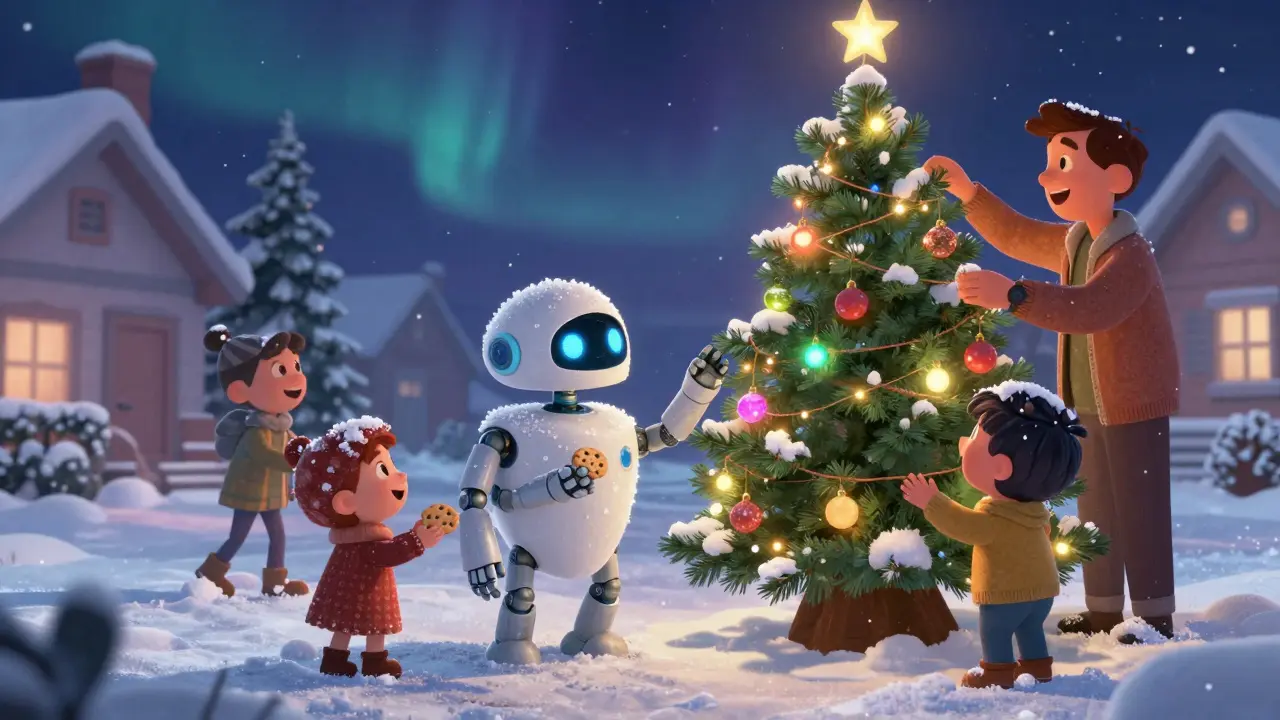A little Martian robot marvels at a Christmas tree, offered a cookie by a kind-hearted child.