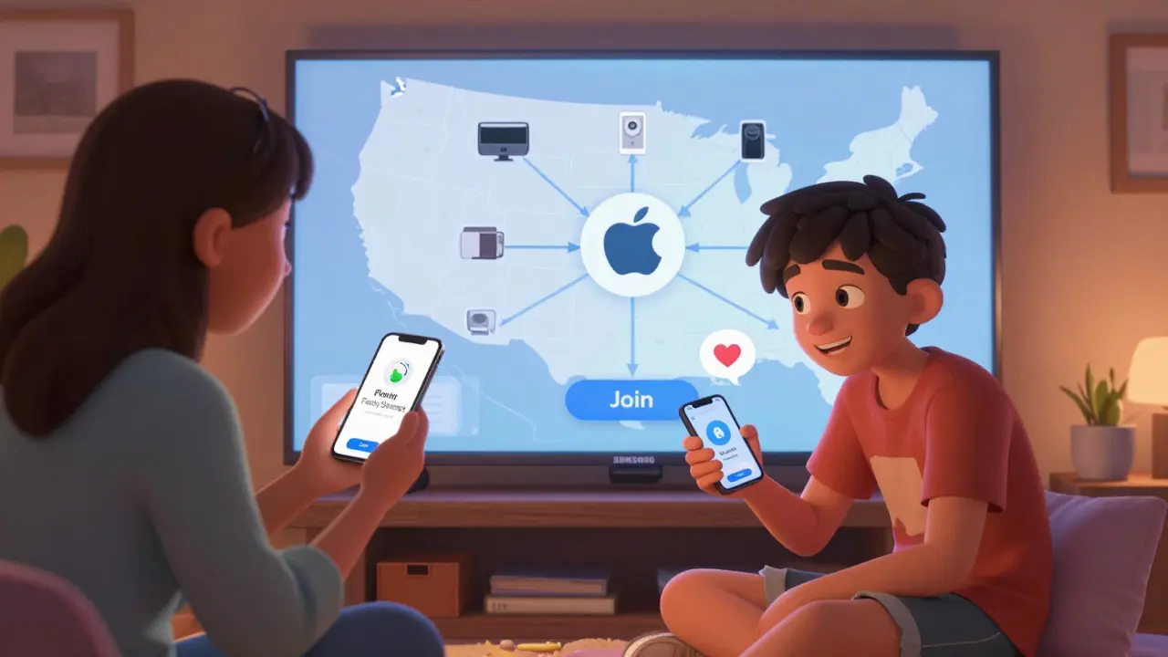 A parent invites a teen to join Family Sharing, with devices connected across rooms.