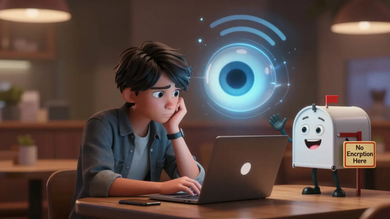 A person on public Wi-Fi is watched by an ISP eye while a friendly DNS mailbox warns 'No Encryption Here'.