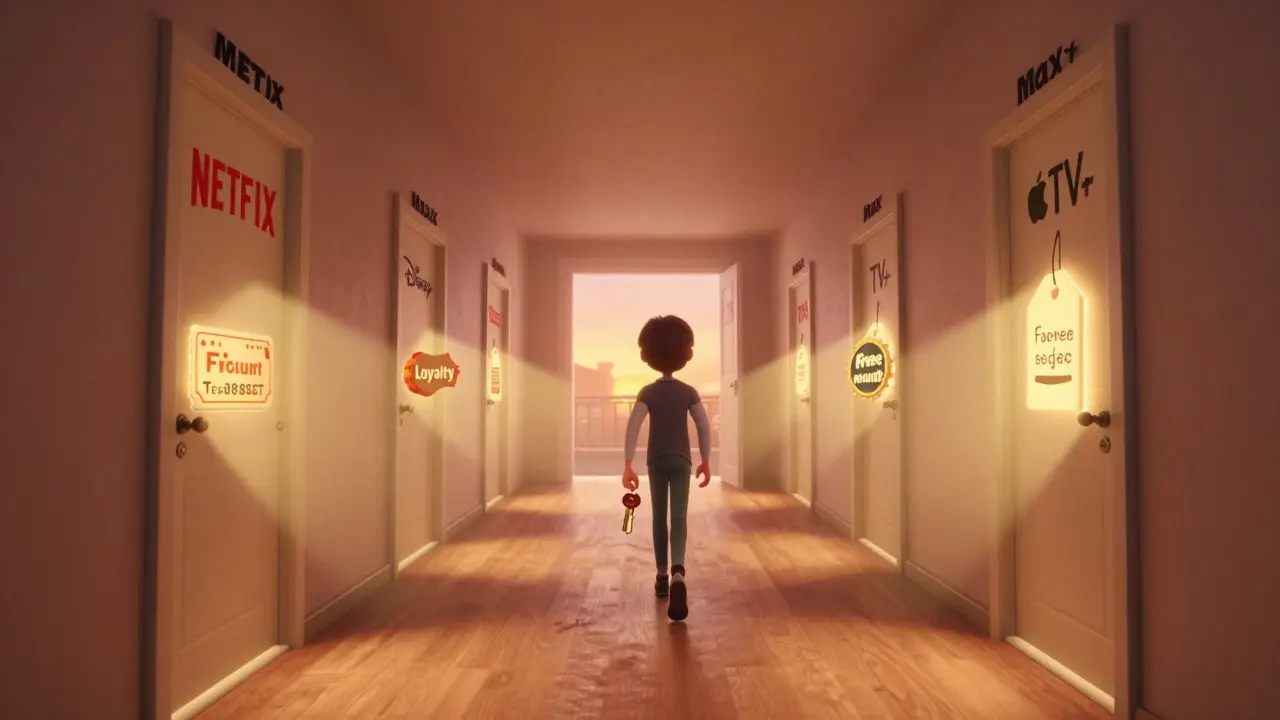 A person walks down a hallway of streaming services, each door revealing a discount as they pass.