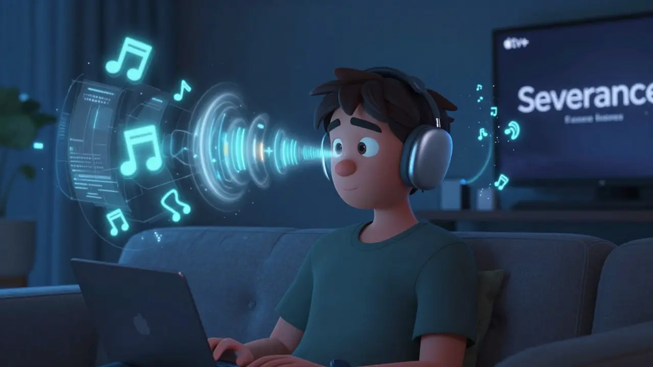 A person wearing AirPods Max with dynamic sound particles shifting around them as they turn their head, illustrating Spatial Audio.