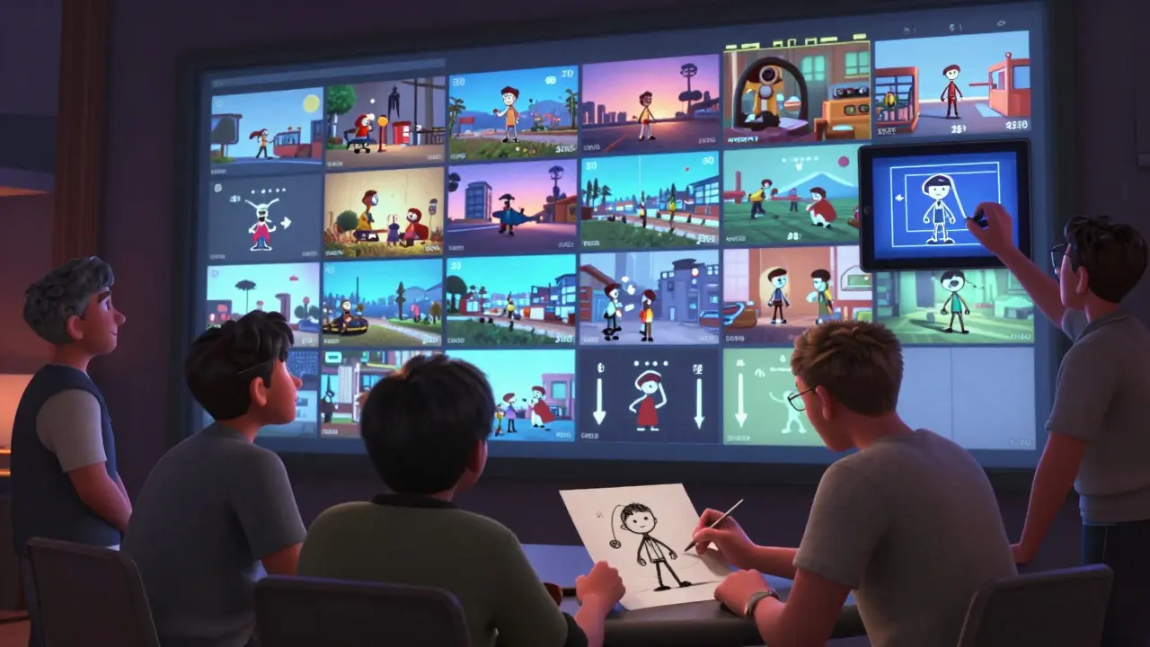 A team of animators reviewing a glowing digital storyboard wall, with one artist sketching on paper nearby.