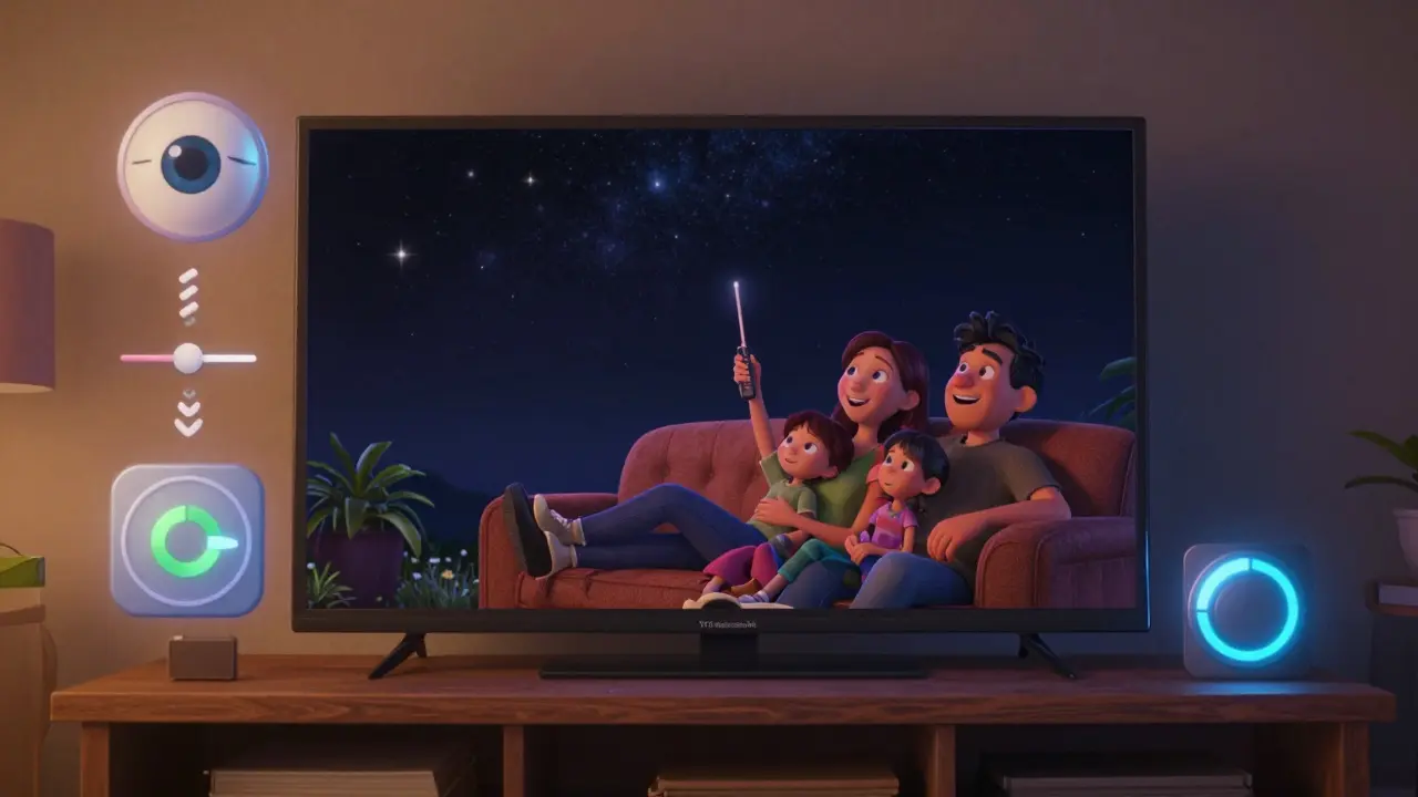 A TV with settings adjusted correctly displays a perfect HDR night sky, while helpful icons deactivate dimming features around it.
