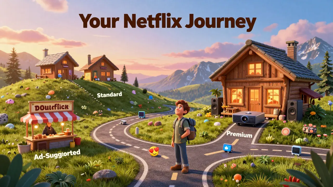A whimsical road map leading from budget to premium Netflix viewing experiences.