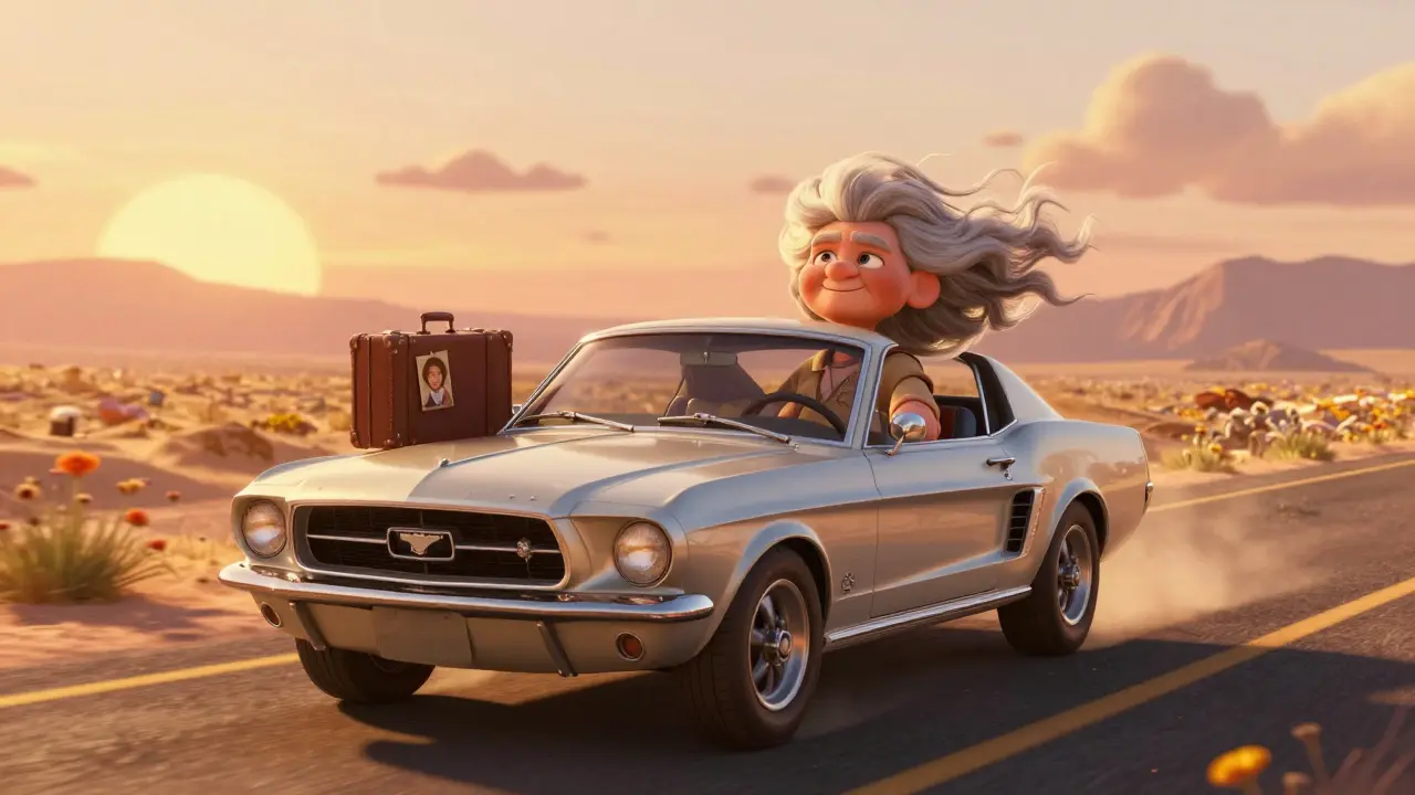 An elderly woman drives a vintage Mustang across a desert highway at sunset, a photo on the passenger seat.