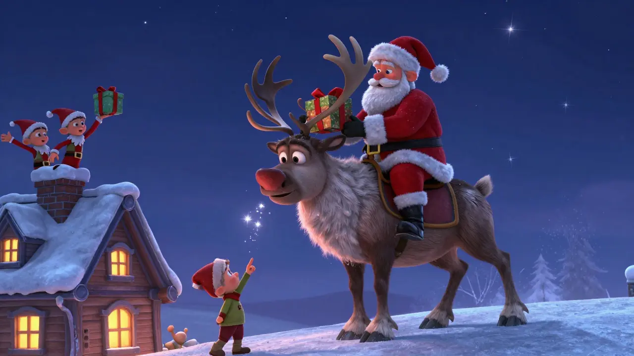 Arthur, Santa's clumsy son, rides a talking reindeer through the night sky delivering a special gift.