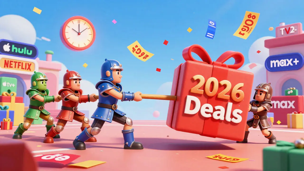 Cartoon streaming service logos as warriors fighting over a gift box labeled '2026 Deals' with discount confetti flying.
