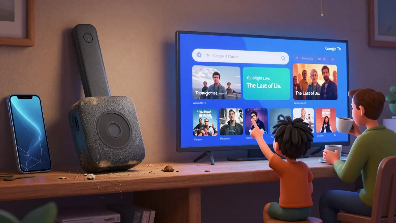Comparison scene: an old Chromecast on a shelf vs. a modern Chromecast with Google TV showing personalized recommendations.