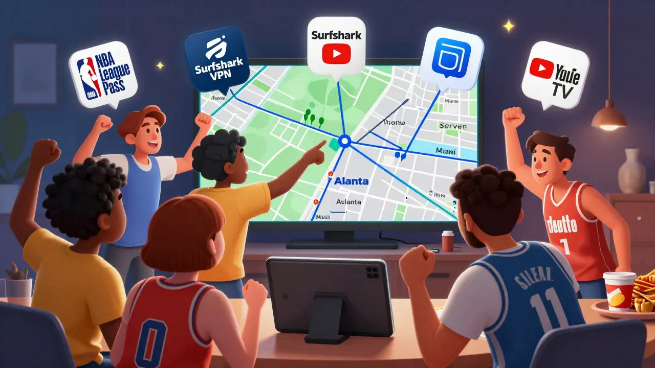 Friends cheer as they watch a game on a tablet with VPN and streaming service icons floating above them.