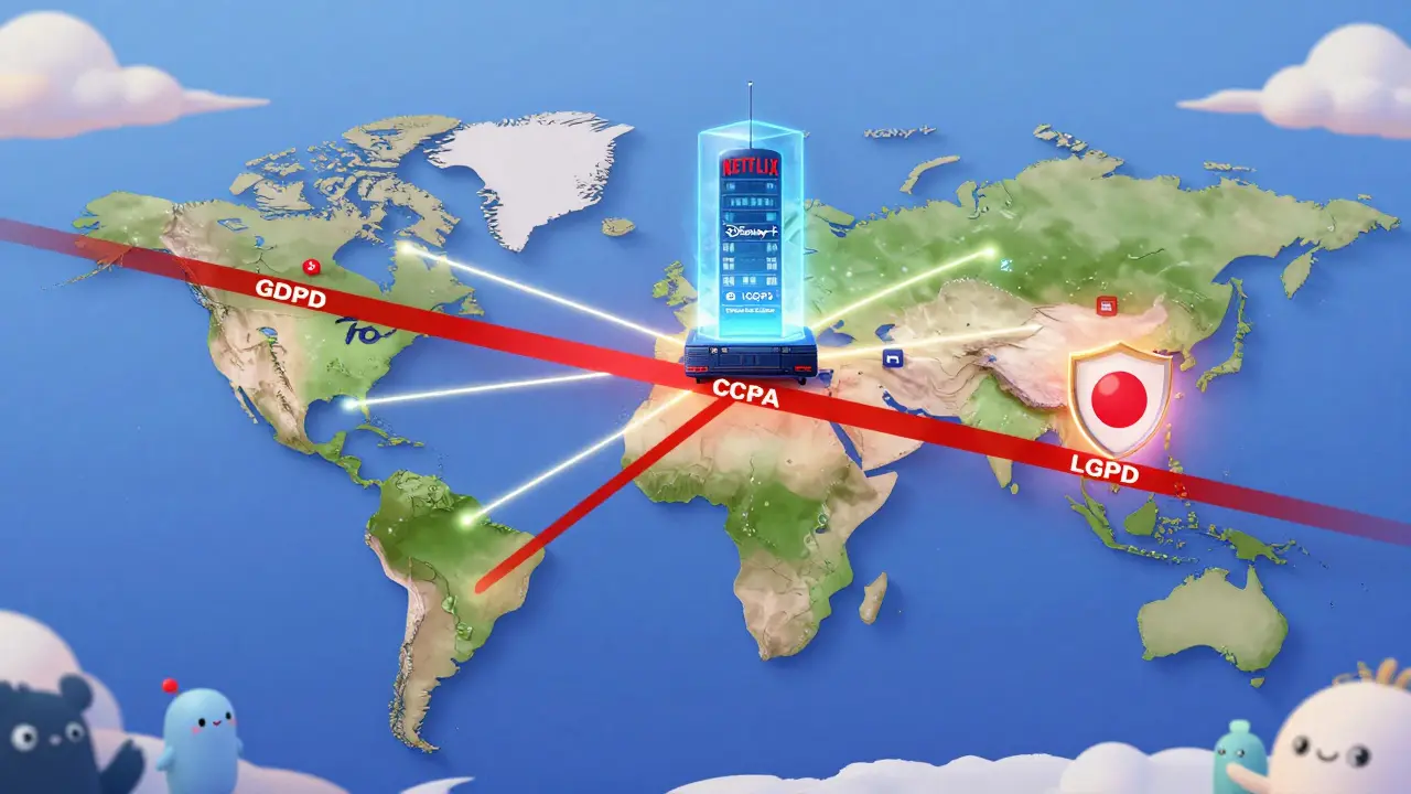 Global map with streaming services blocked by data privacy laws across borders.