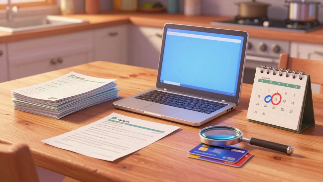 Kitchen table with laptop, papers, and calendar for auditing finances.