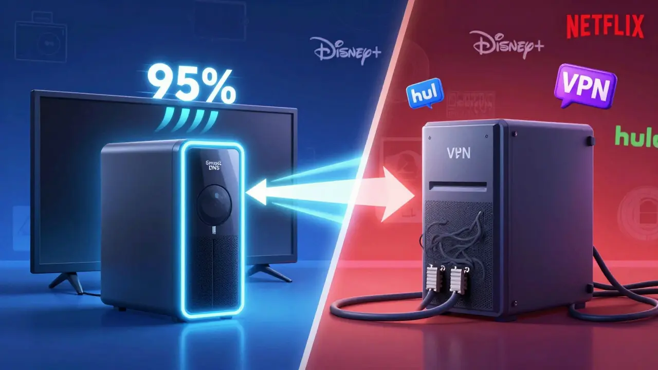 Split illustration comparing fast Smart DNS data flow to slow, tangled VPN encryption with streaming service logos.
