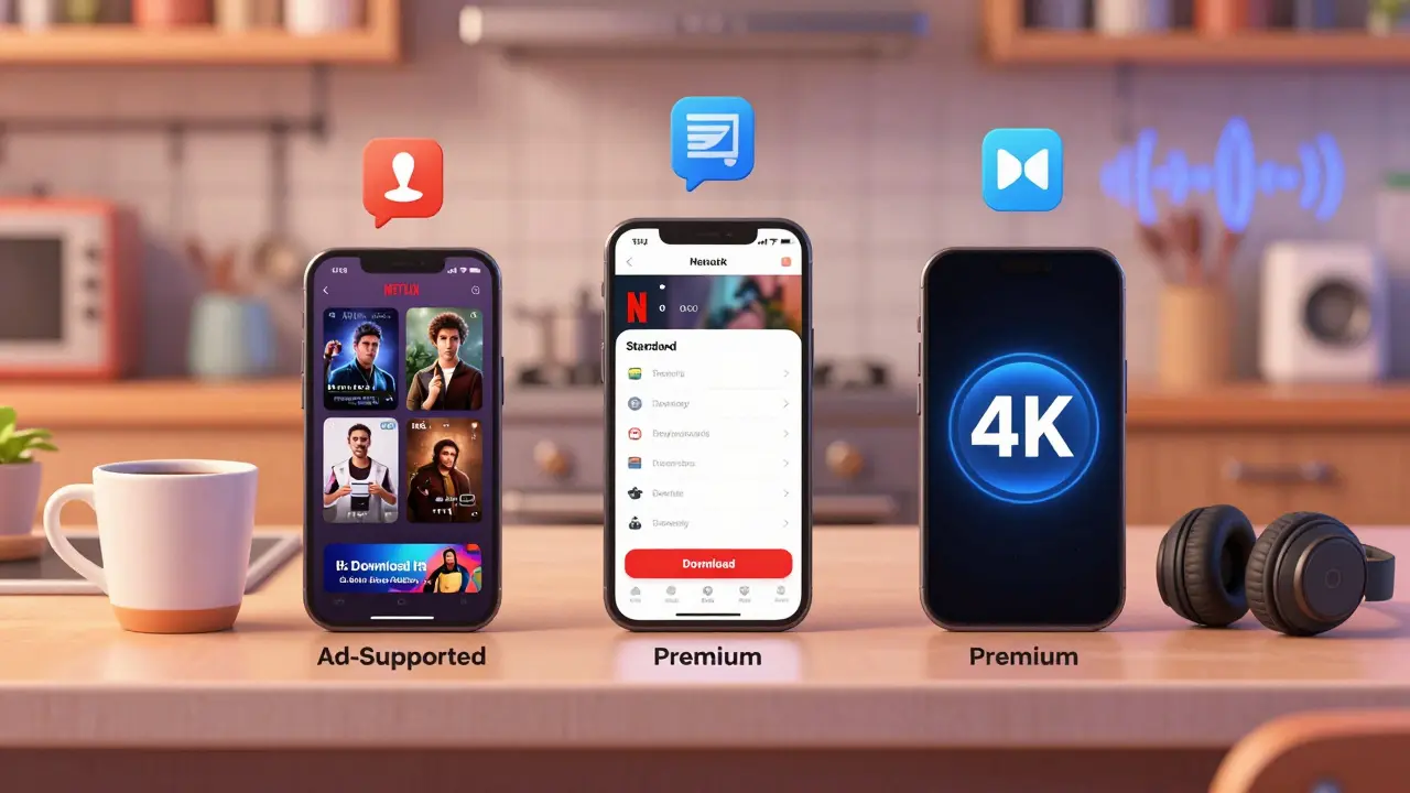 Three phones showing different Netflix plan interfaces side by side on a kitchen counter.