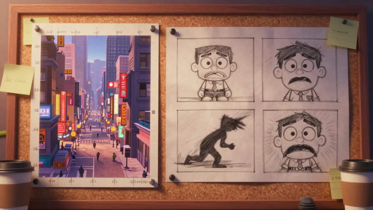 Two contrasting storyboard types side by side: detailed visual script versus emotional beat board on a corkboard.