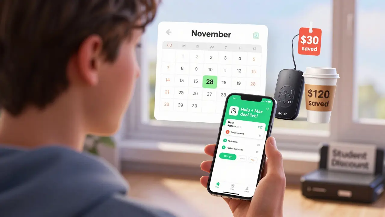 Young adult checking a phone with streaming deal alerts, beside a Roku stick and coffee cup labeled '0 saved'.